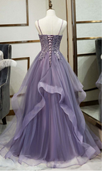 V Neck Semi Formal Dresses Purple Tiered Lace A-line Prom Dress