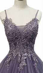 V Neck Semi Formal Dresses Purple Tiered Lace A-line Prom Dress