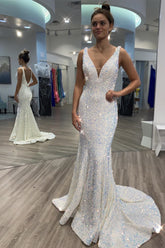 V Neck Sequin Prom Dresses White Mermaid Long Formal Dress - MyChicDress