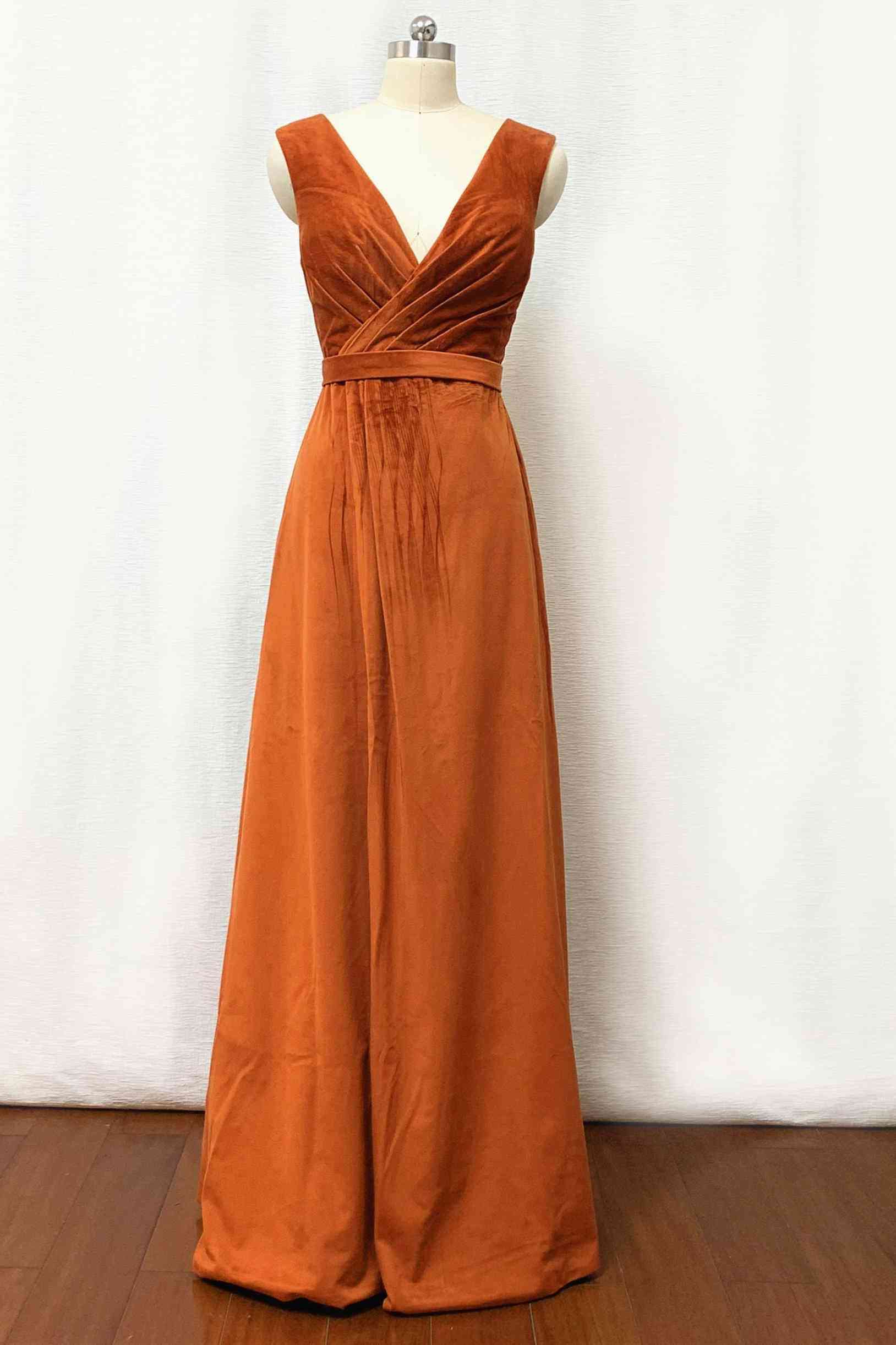 Velvet Burnt Orange Formal Dress V-Neck Bridesmaid Dress Pleated with Belt Custom Color / Custom Size Velvet Burnt Orange Formal Dress V-Neck Bridesmaid Dress Pleated with Belt Custom Color / Custom Size