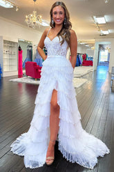 White Tiered Prom Dress Lace Beaded Ruffle Long Gown Slit
