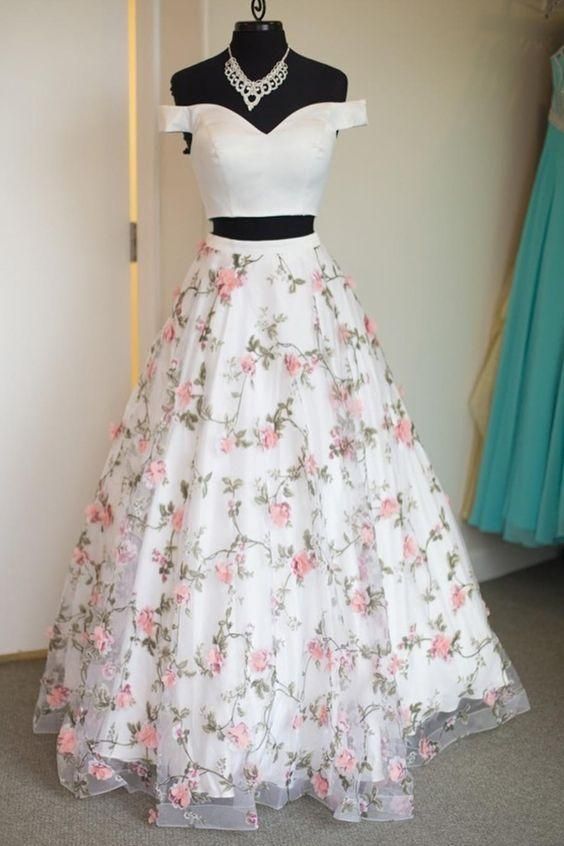 White Two Piece Print Floral Prom Dresses White / US16 White Two Piece Print Floral Prom Dresses White / US16