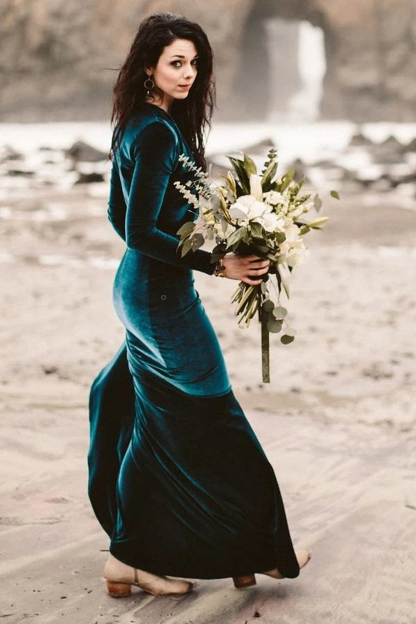 Velvet Green Maxi Dresses With Sleeves Winter Velvet Dark Green