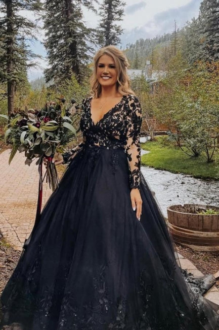 A-line Black Lace Wedding Dresses With Sleeves V-neck Black / US20W