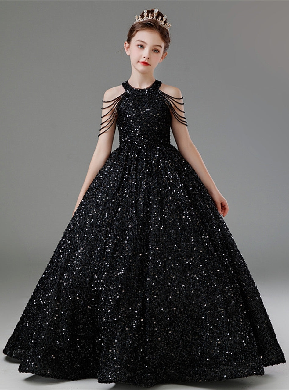 A-Line Black Sequin Flower Girl Dress Halter Beading – MyChicDress