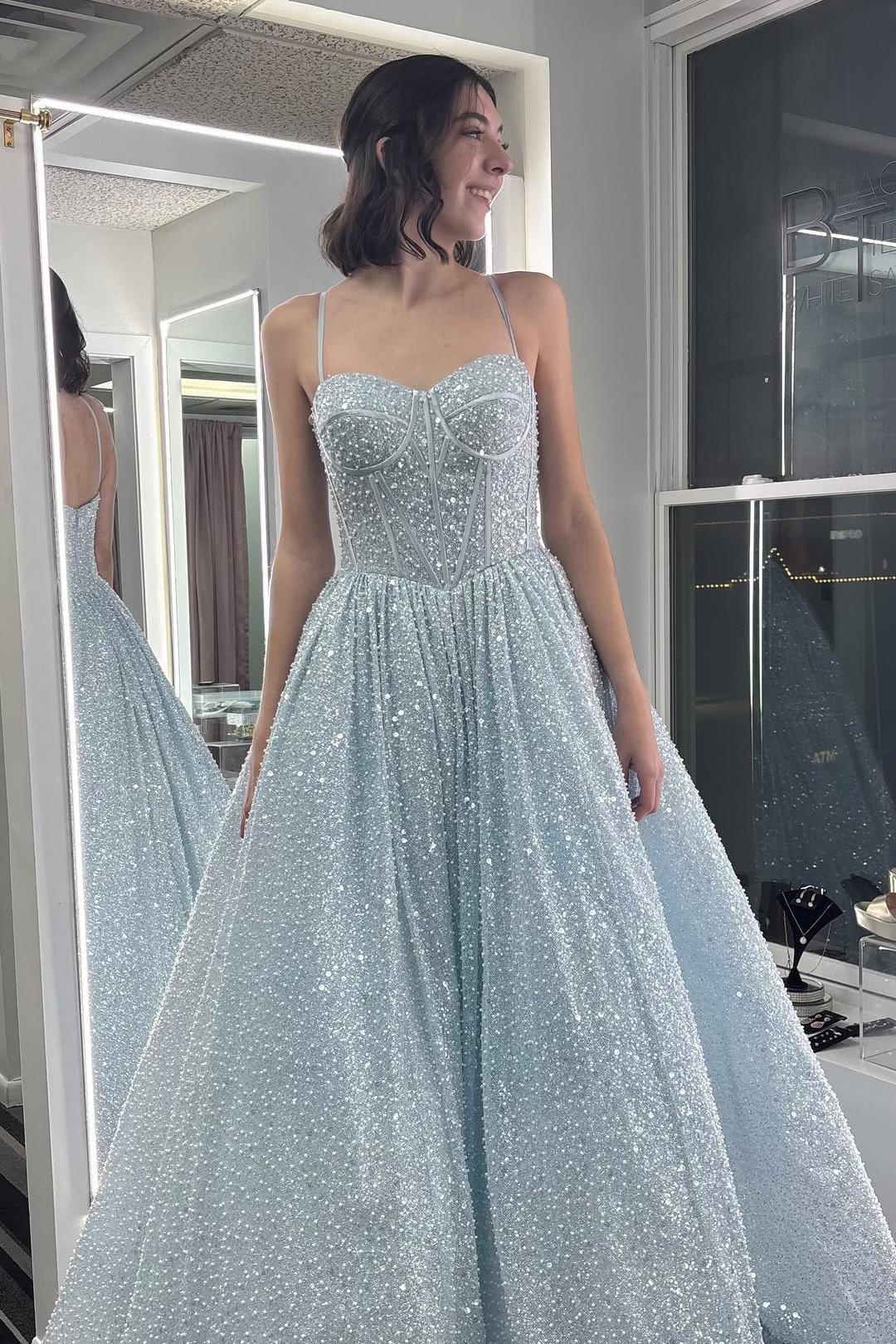 A Line Blue Sequin Prom Dress Glitter Evening Gown UK – MyChicDress