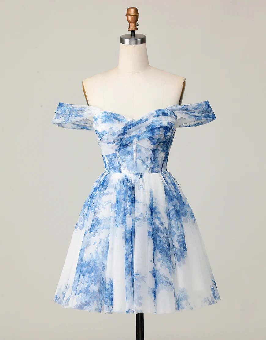 A Line Corset Blue Floral Homecoming Dress Off Shoulder Printed Party MyChicDress A Line Corset Blue Floral Homecoming Dress Off Shoulder Printed Party MyChicDress