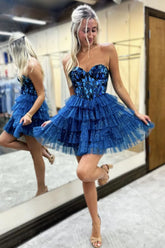 A Line Dark Blue Tiered Homecoming Dress Short Skirt with Mirror Trim
