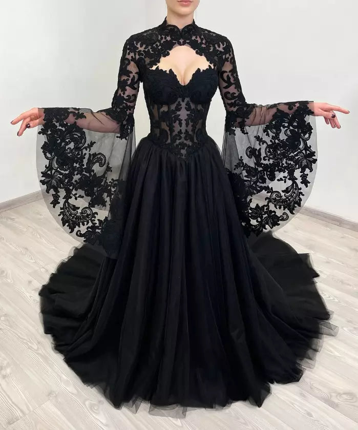 A-Line Gothic Wedding Dress with Sleeves Black Lace Jacket Black / US16 A-Line Gothic Wedding Dress with Sleeves Black Lace Jacket Black / US16