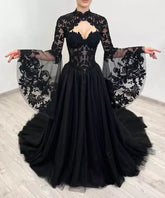 A-Line Gothic Wedding Dress with Sleeves Black Lace Jacket Mychicdress
