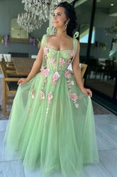 A-Line Green Floral Formal Dress for Wedding Guests Tulle Sweetheart