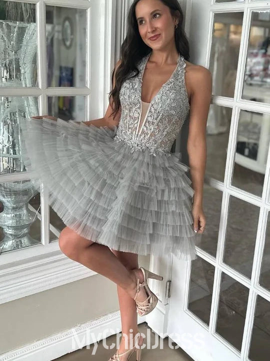 A-Line Halter Silver Lace Homecoming Dress Layered Applique Silver / US10 A-Line Halter Silver Lace Homecoming Dress Layered Applique Silver / US10