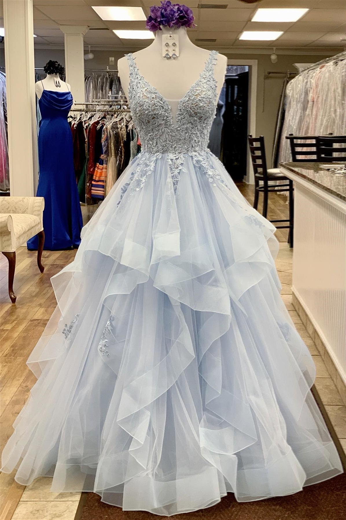 A-line Light Blue Lace Prom Dress Tiered V Neck With Ruffles Sleeveles