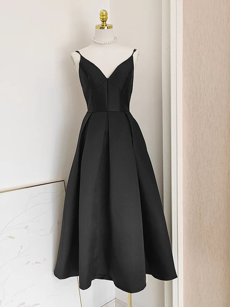 Wedtrend Women Black Formal Dress A Line Satin Spaghetti Straps Tea Length Party Dress, Black / US2 Wedtrend Women Black Formal Dress A Line Satin Spaghetti Straps Tea Length Party Dress, Black / US2