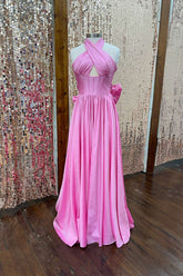 A-line Long Pink Evening Dress Halter Taffeta with Bow Mychicdress