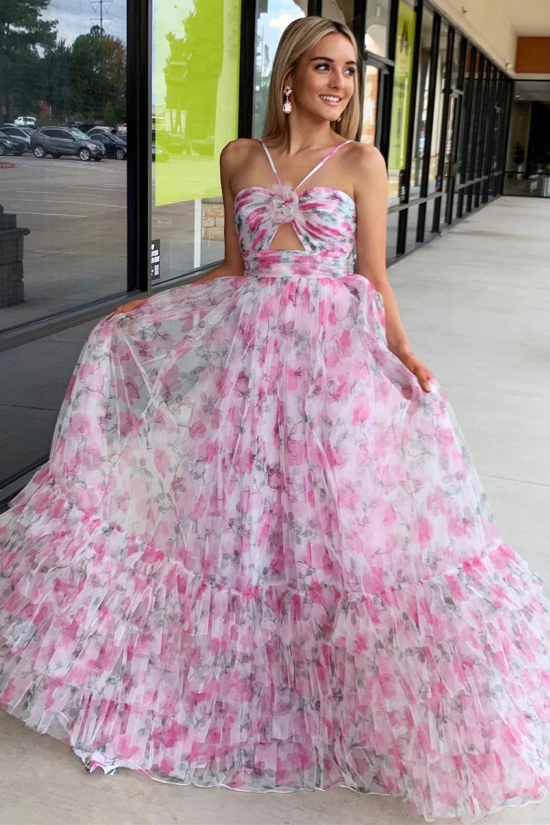 A-Line Pink Printed Formal Dress US Halter with Keyhole Summer Maxi Dress Yellow / US6 A-Line Pink Printed Formal Dress US Halter with Keyhole Summer Maxi Dress Yellow / US6