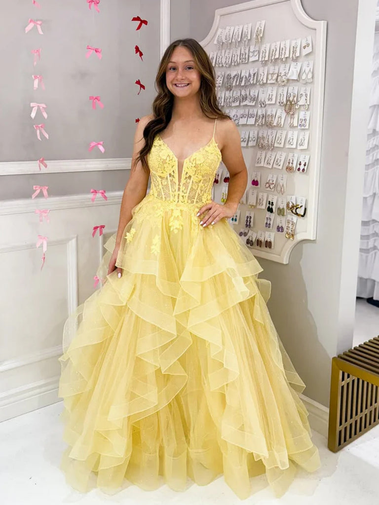 A Line 2025 Puffy Prom Dresses Yellow V Neck Lace Formal Dress