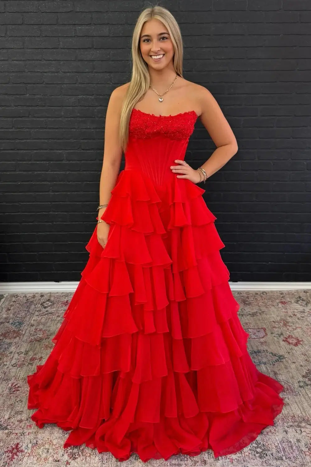 A Line Red Corset Prom Dresses 2026 Lace Chiffon Strapless with Ruffles Red / US4 A Line Red Corset Prom Dresses 2026 Lace Chiffon Strapless with Ruffles Red / US4