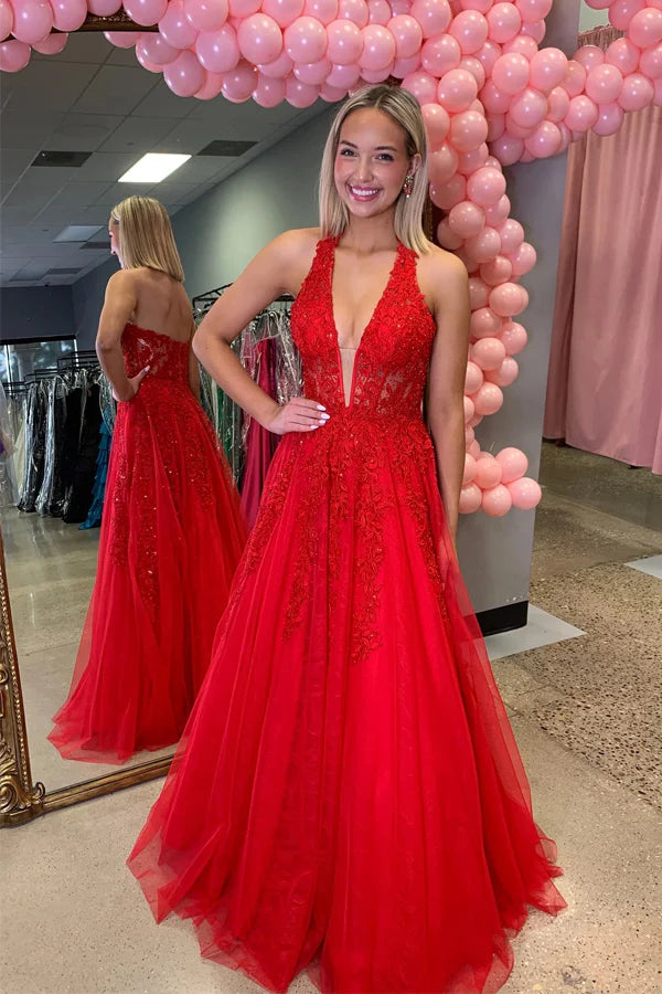 A LIne Red Halter Lace Prom Dress US with Beaded Applique Red / US10 A LIne Red Halter Lace Prom Dress US with Beaded Applique Red / US10