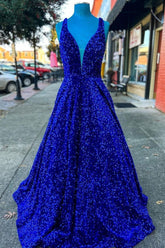 Mychicdress A Line Royal Blue Sequin Prom Dresses Straps Lace Up Back