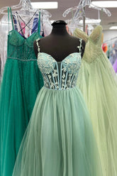 A-line Sage Green Prom Dress Lace Chiffon Evening Dress Long