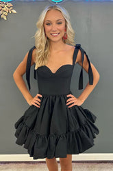 A-Line Satin Black Homecoming Dress Ruched with Bow Strap Sleeveless