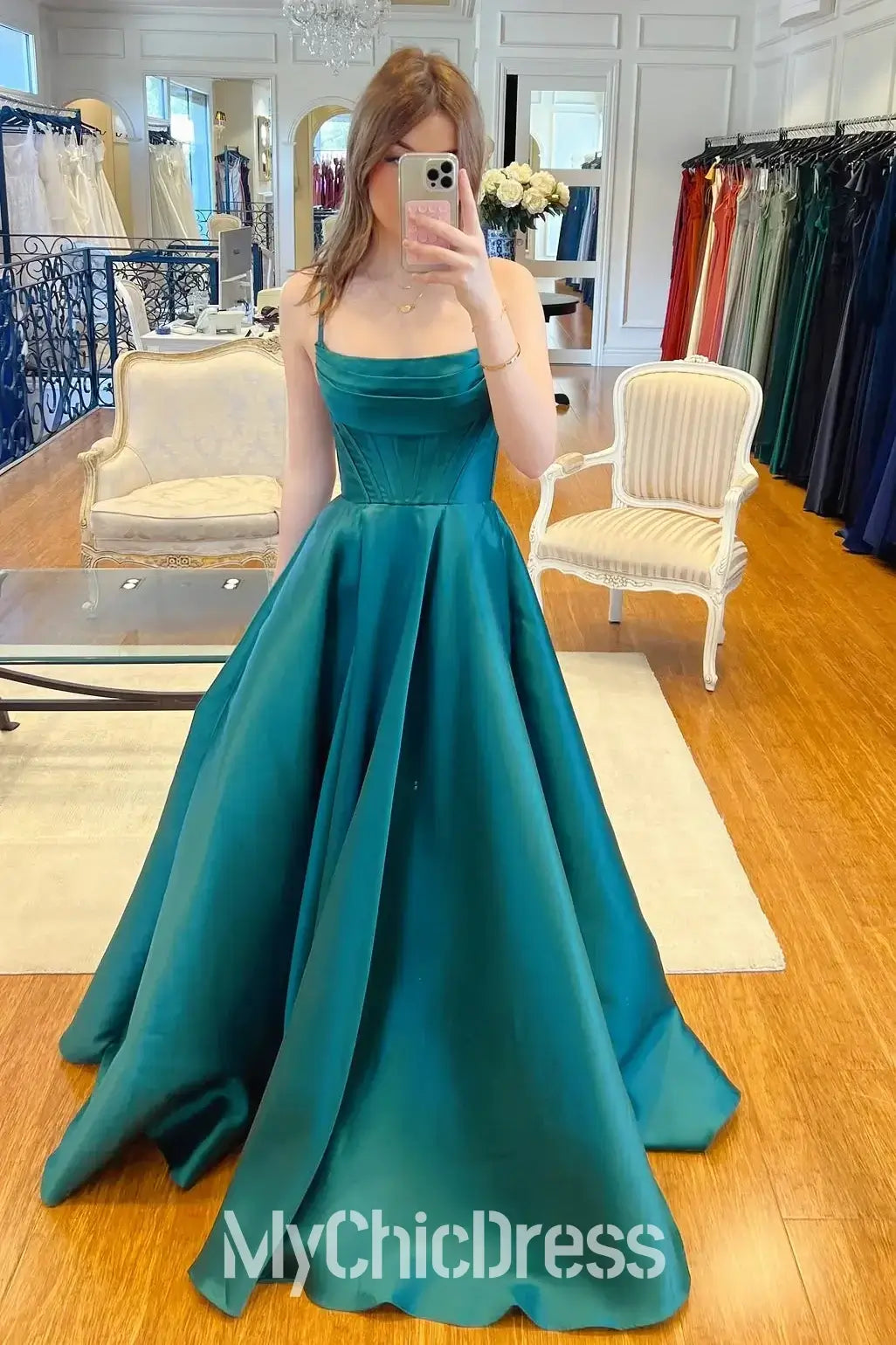 A Line Satin Evening Gown Corset Green Prom Dress Near Me – MyChicDress