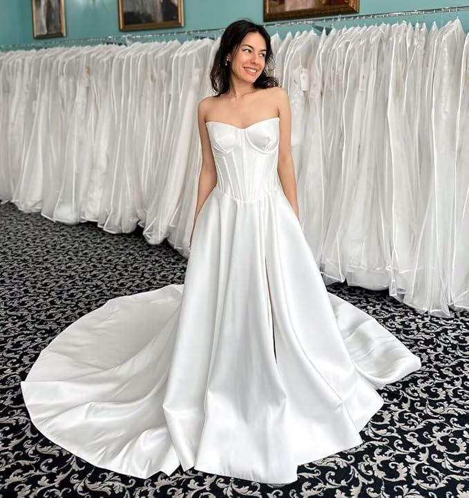 A Line Satin Strapless Wedding Dresses Corset Bridal Gown White / US4 A Line Satin Strapless Wedding Dresses Corset Bridal Gown White / US4