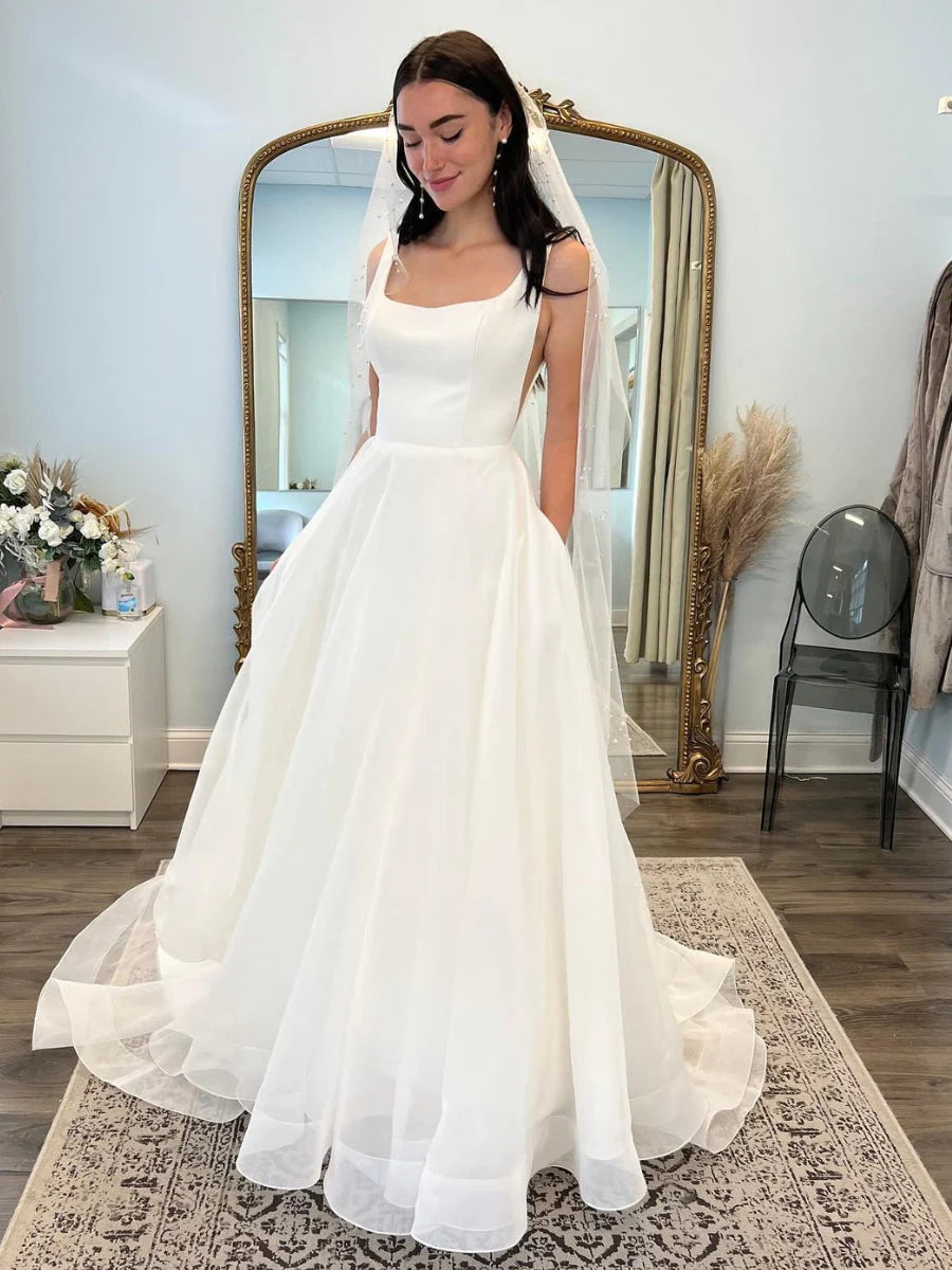 A Line Simple Minimalist Wedding Dress Drop Waist Satin Gown for Women US20W / White A Line Simple Minimalist Wedding Dress Drop Waist Satin Gown for Women US20W / White