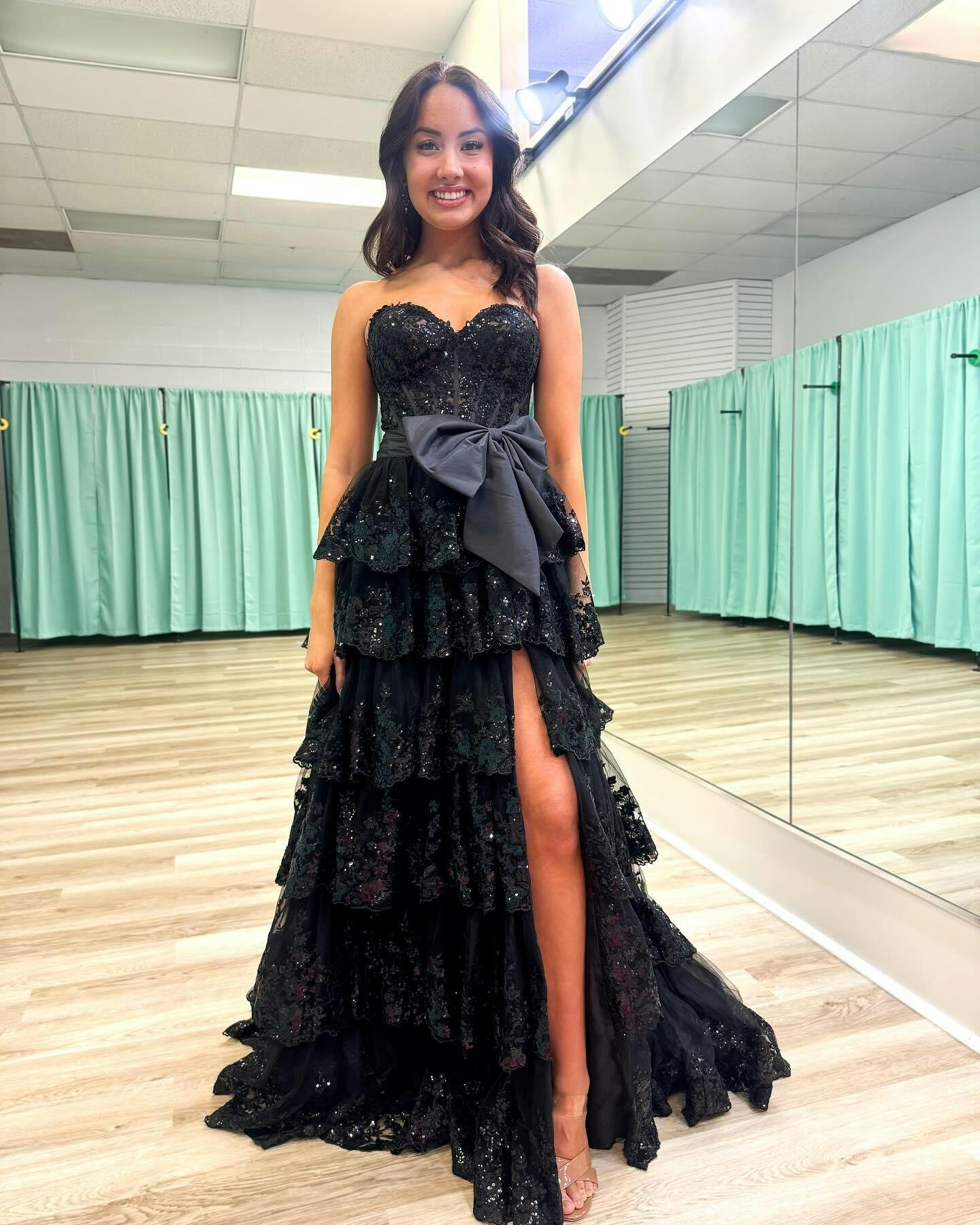 A-Line Strapless Black Tiered Prom Dress 2025 Lace Sequins Appliques MyChicDress A-Line Strapless Black Tiered Prom Dress 2025 Lace Sequins Appliques MyChicDress