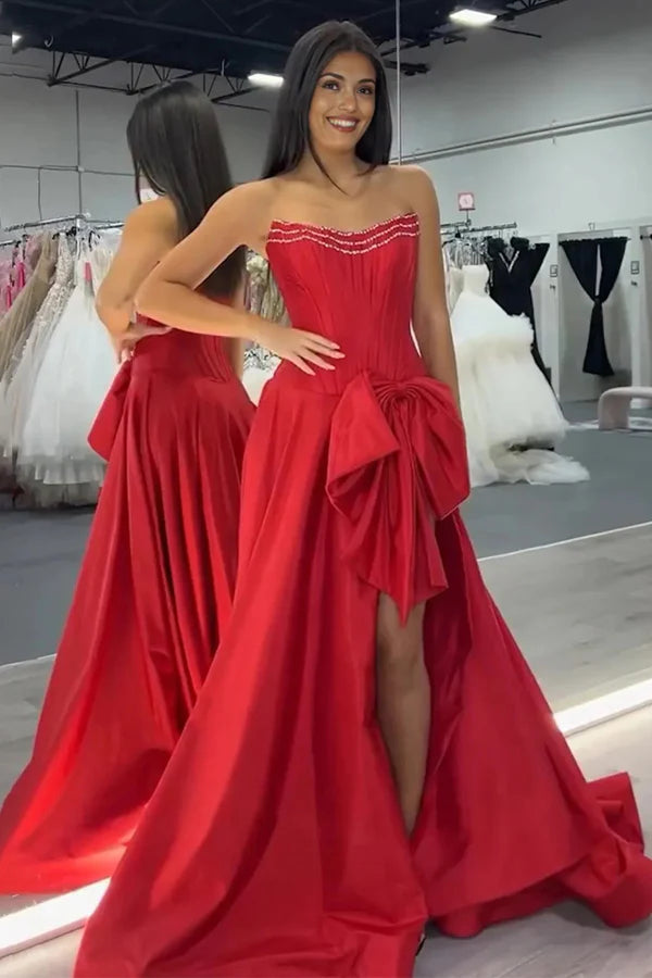 Trendy Red Strapless A-Line Satin Long Corset Prom Dress with Bow Red / 12 Trendy Red Strapless A-Line Satin Long Corset Prom Dress with Bow Red / 12