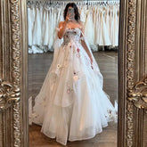 A-Line Strapless Floral Wedding Dresses Ruffled Lace 3D Flowers
