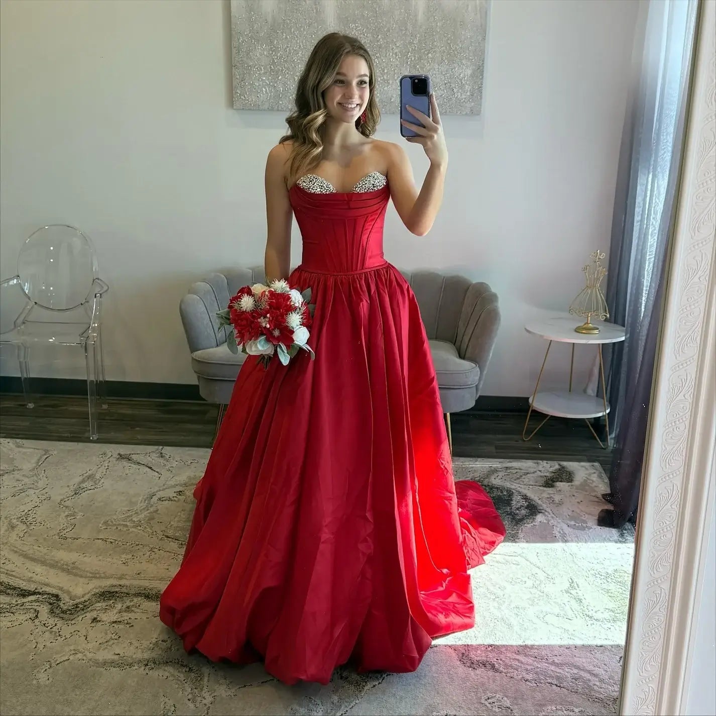 A Line Strapless Red Prom Dresses 2026 Corset Satin with Beaded Red / Custom Size A Line Strapless Red Prom Dresses 2026 Corset Satin with Beaded Red / Custom Size