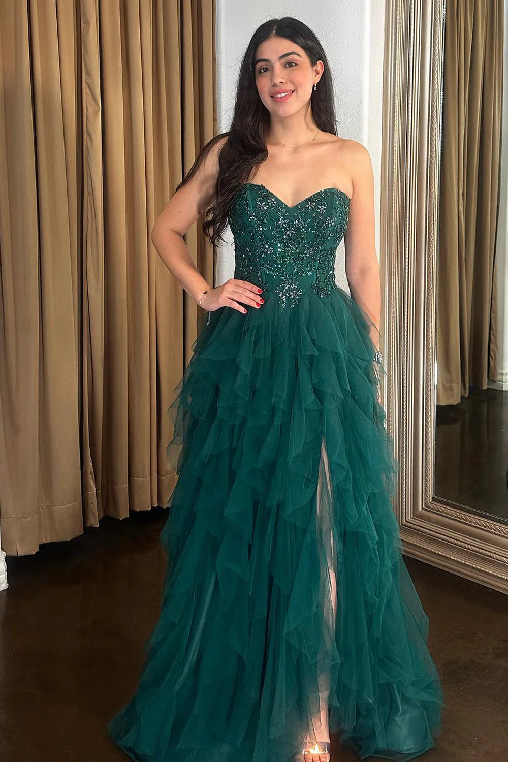 A Line Tiered Ruffles Prom Dress Dark Green Appliques Corset Tulle wit MyChicDress A Line Tiered Ruffles Prom Dress Dark Green Appliques Corset Tulle wit MyChicDress