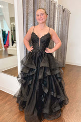 A Line V Neck Black Prom Dress Lace Appliques with Ruffles Tulle