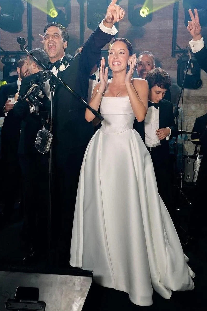 A Line White Strapless Wedding Dresses Corset Satin with Train