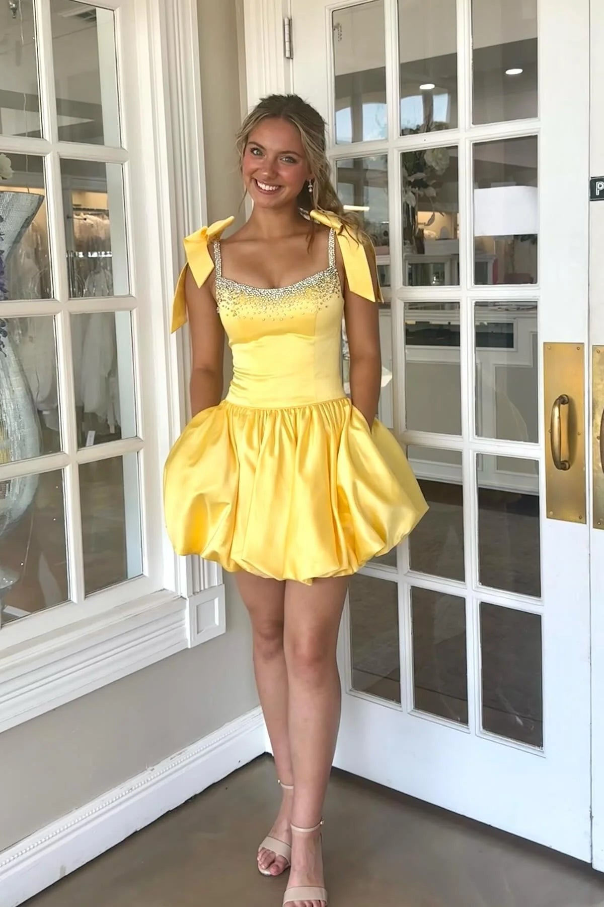A-line Yellow Homecoming Dresses Short Pearls with Bow Straps Yellow / US10 A-line Yellow Homecoming Dresses Short Pearls with Bow Straps Yellow / US10