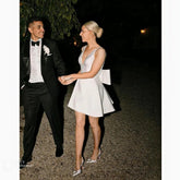 Modern Short Wedding Dress Satin V-Neck with Bow - MyChicDress