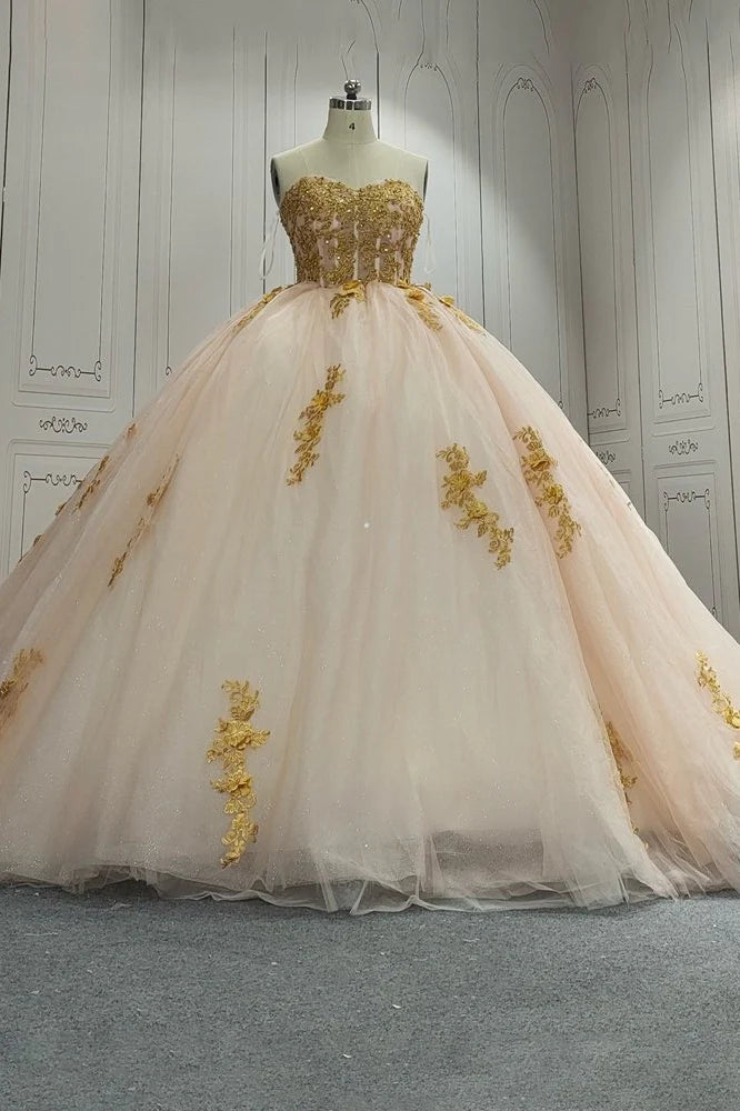 Ball Gown Champagne Gold Lace Sweet 15 Dress Srapless Tulle Custom Color / US14W Ball Gown Champagne Gold Lace Sweet 15 Dress Srapless Tulle Custom Color / US14W