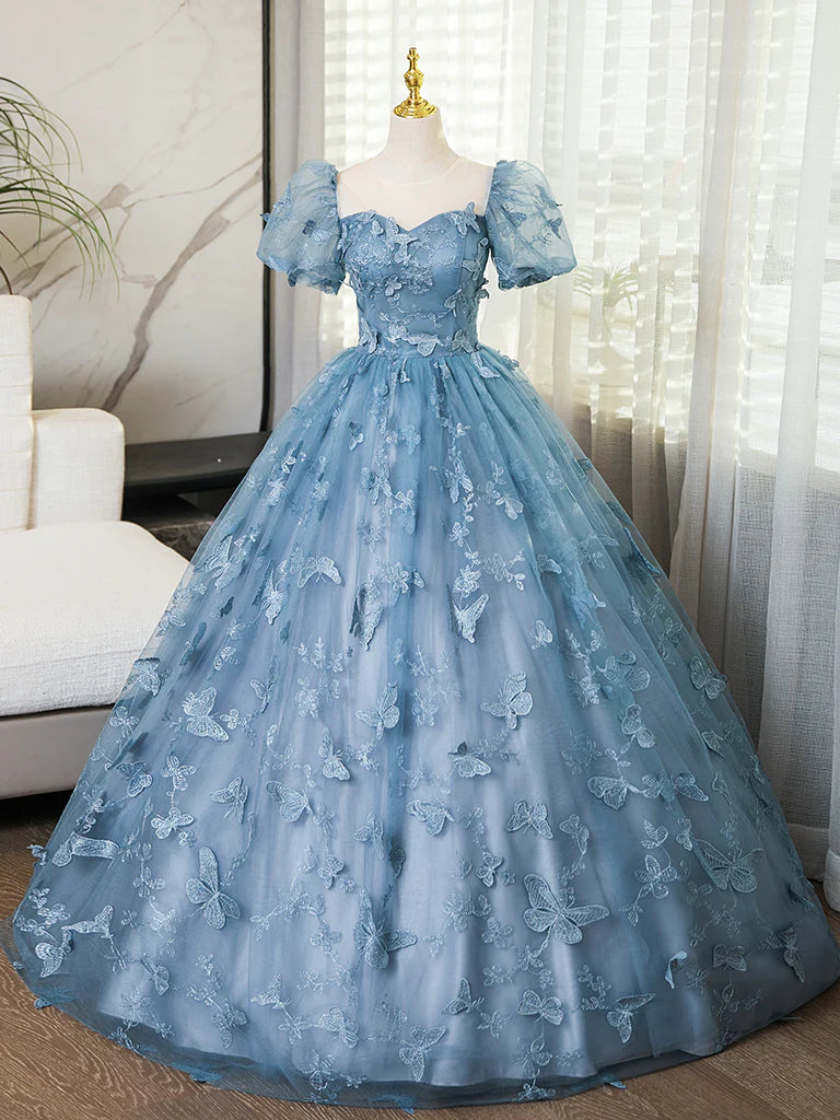 Ball Gown Gray Blue Butterfly Quince Dresses Puff Short Sleeves Gray Blue / US12