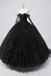 Ball Gown Off the Shoulder Black Tulle Quinceanera Dress with 3D Flowers Mychicdress