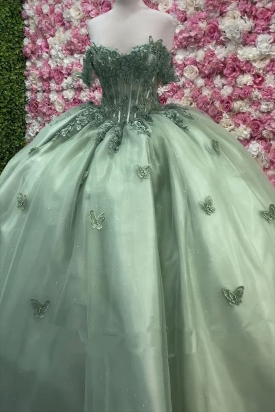sage green quince dress with pink flowers Strapless Sage Green Quinceanera Dress Sweet 16 Dress Pink Flowers Sage Green / US14W