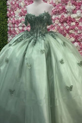 Ball Gown Princess Sage Green Quinceanera Dresses with Butterfly Flowers
