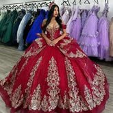 Ball Gown Red Gold Quinceanera Dress Lace Applique Off Shoulder