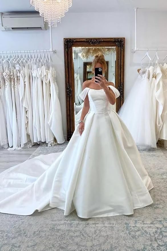 Ball Gown Satin Corset Wedding Dresses for Women Off Shoulder US12 / Ivory Ball Gown Satin Corset Wedding Dresses for Women Off Shoulder US12 / Ivory