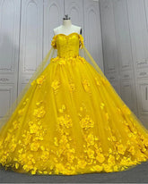 Ball Gown Yellow Sweet 16 Dresses 3D Flowers Beaded off the Shoulder With Cape Mychicdress