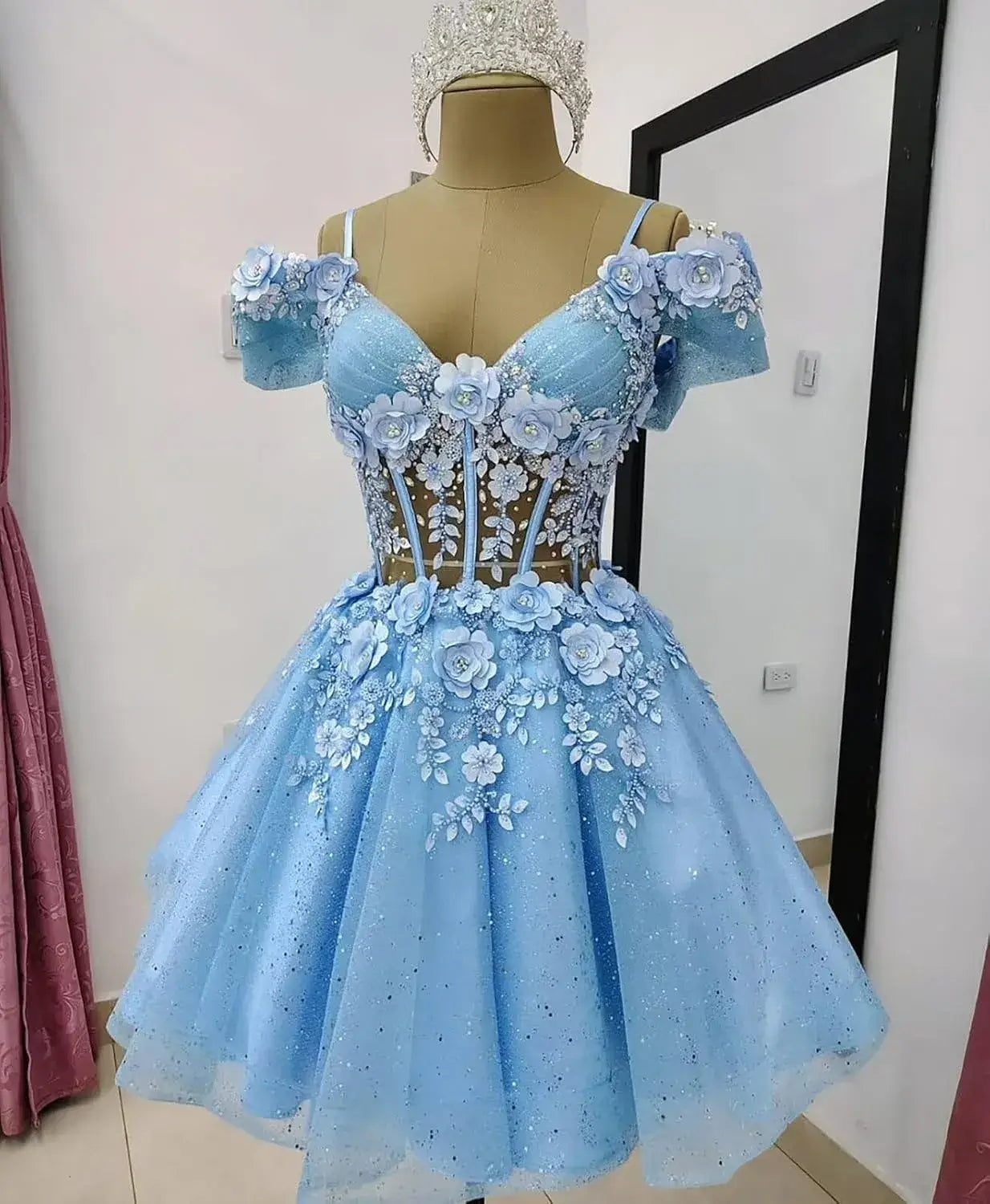 Beautiful Beaded Flowers DAMA Dresses Off Shoulder Short Homecoming Dress Light Blue / US14