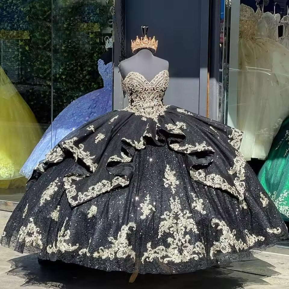 Black and Gold Quinceanera Dress Strapless, Princess Vestidos de 15 Anos US14 / Custom Color Black and Gold Quinceanera Dress Strapless, Princess Vestidos de 15 Anos US14 / Custom Color