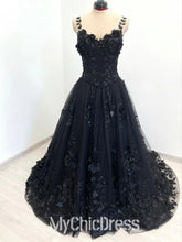 Mychicdress Black Floral Gothic Wedding Dresses with 3D Flower Sweep Train