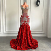 Black Girls Red Prom Dresses Luxury Silver Diamond Crystals Mermaid Mychicdress